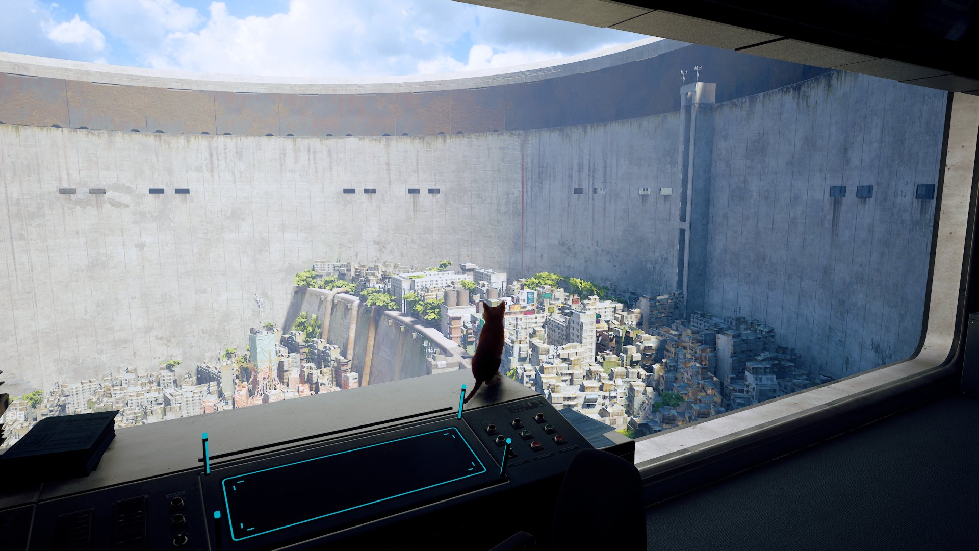 A cat stands on a control panel overlooking the entire walled city inside a dome