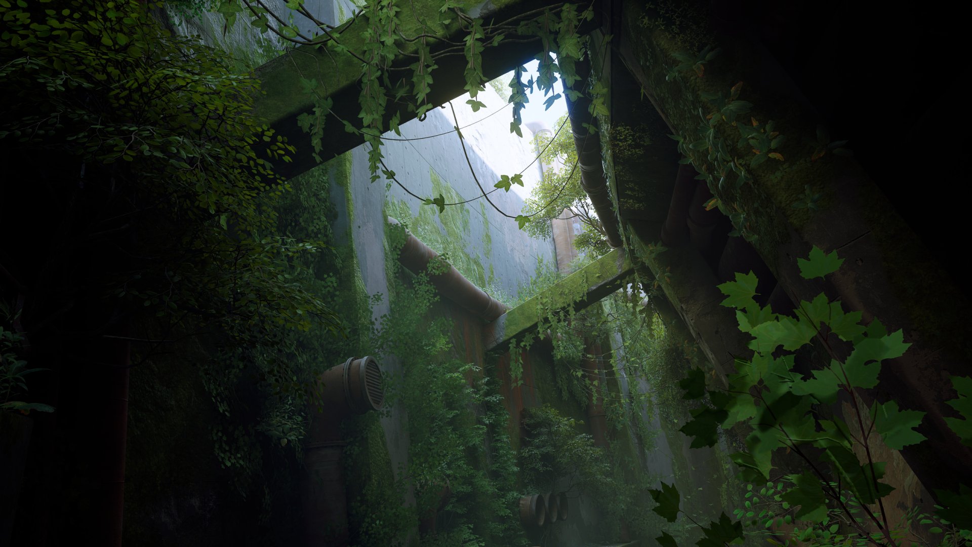 Vines and nature consuming dark ruins